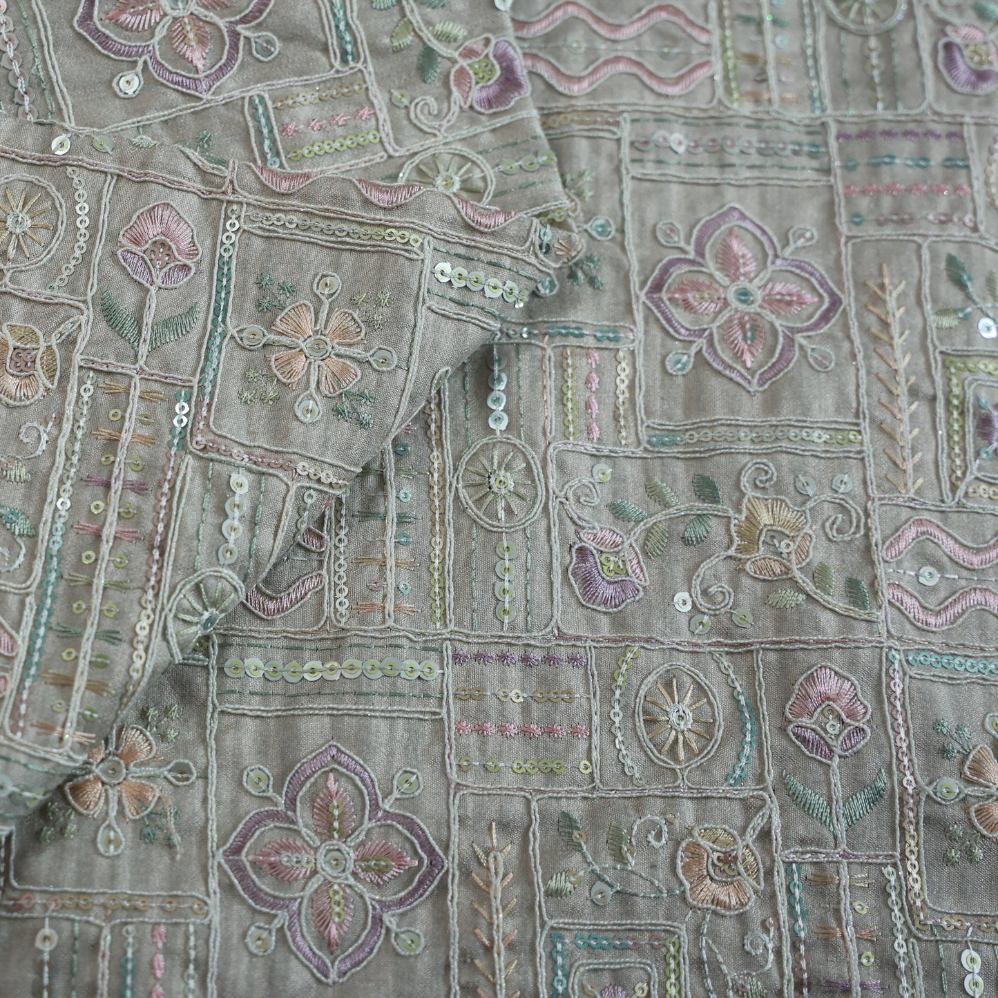 BEIGE RAW SILK EMBROIDERY ETHNIC WEAR FABRIC
