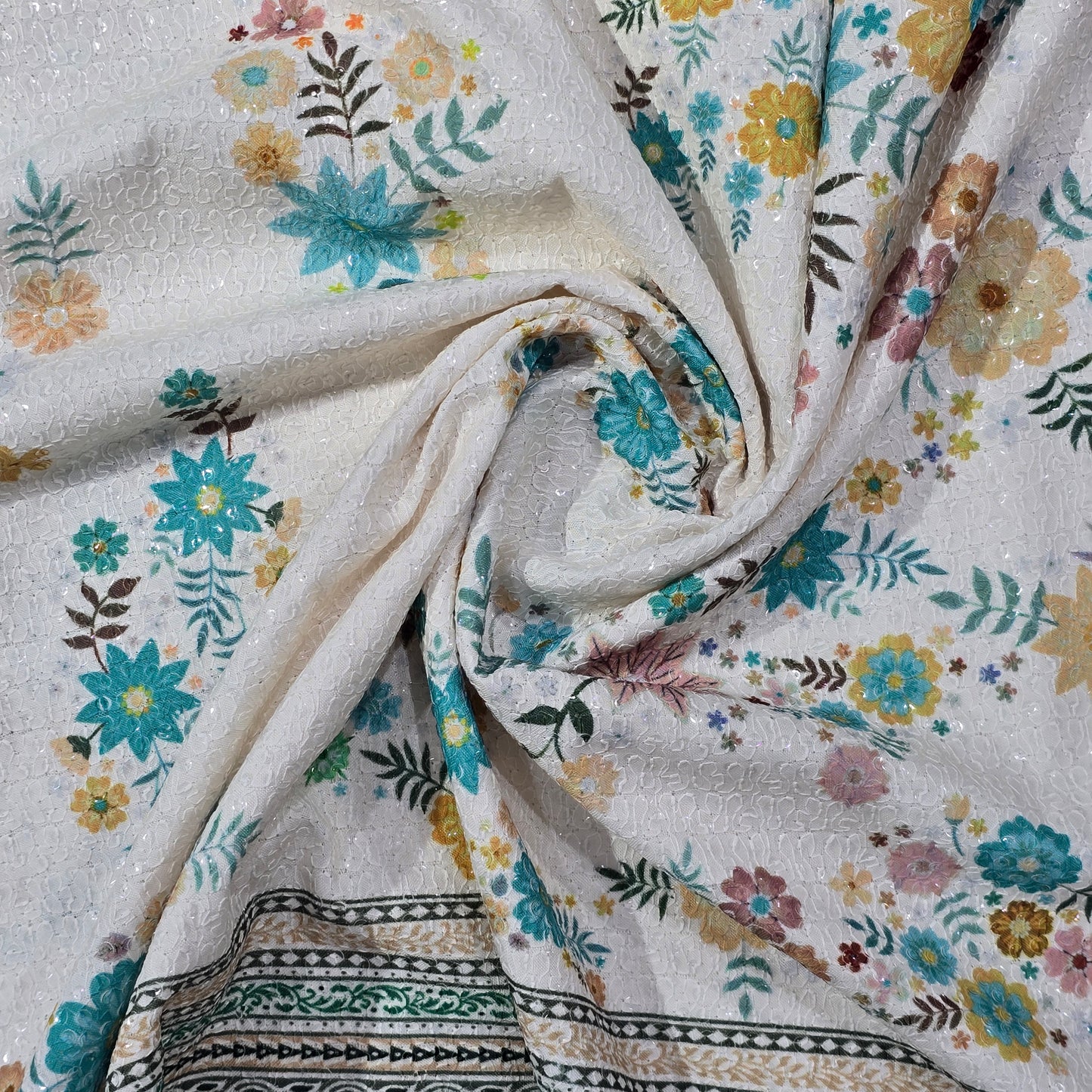 ABSOLUTO WHITE EMBROIDERED WITH FLOWER PRINT KURTA FABRIC