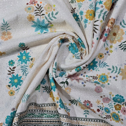 ABSOLUTO WHITE EMBROIDERED WITH FLOWER PRINT KURTA FABRIC