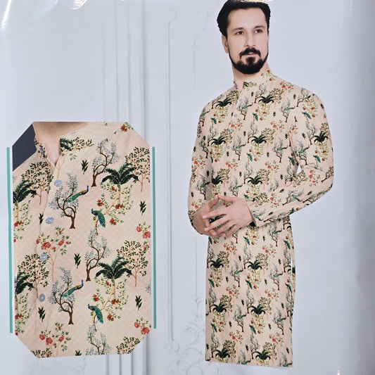 NEMSSIS PEACH PRINTED PURE COTTON  KURTA FABRIC