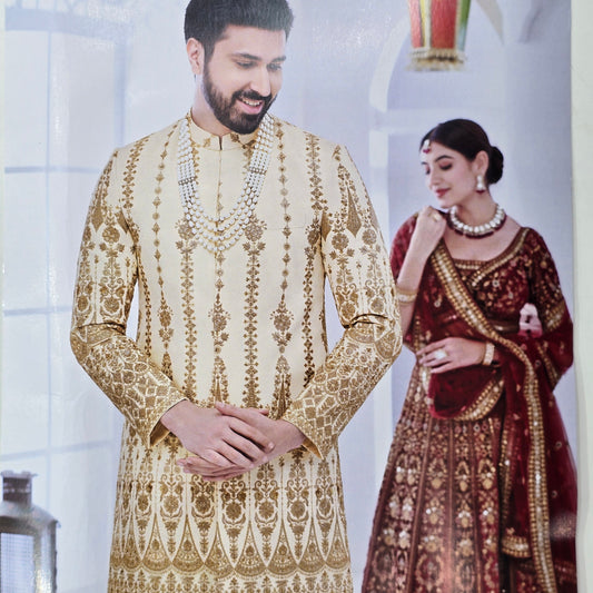 NEMSSIS CREAM EMBROIDERED SHERWANI FABRIC