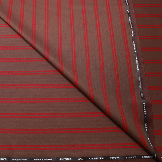 SAVILLE AND YOUNG BROWN STRIPED WOOL BLENDED SUITING FABRIC