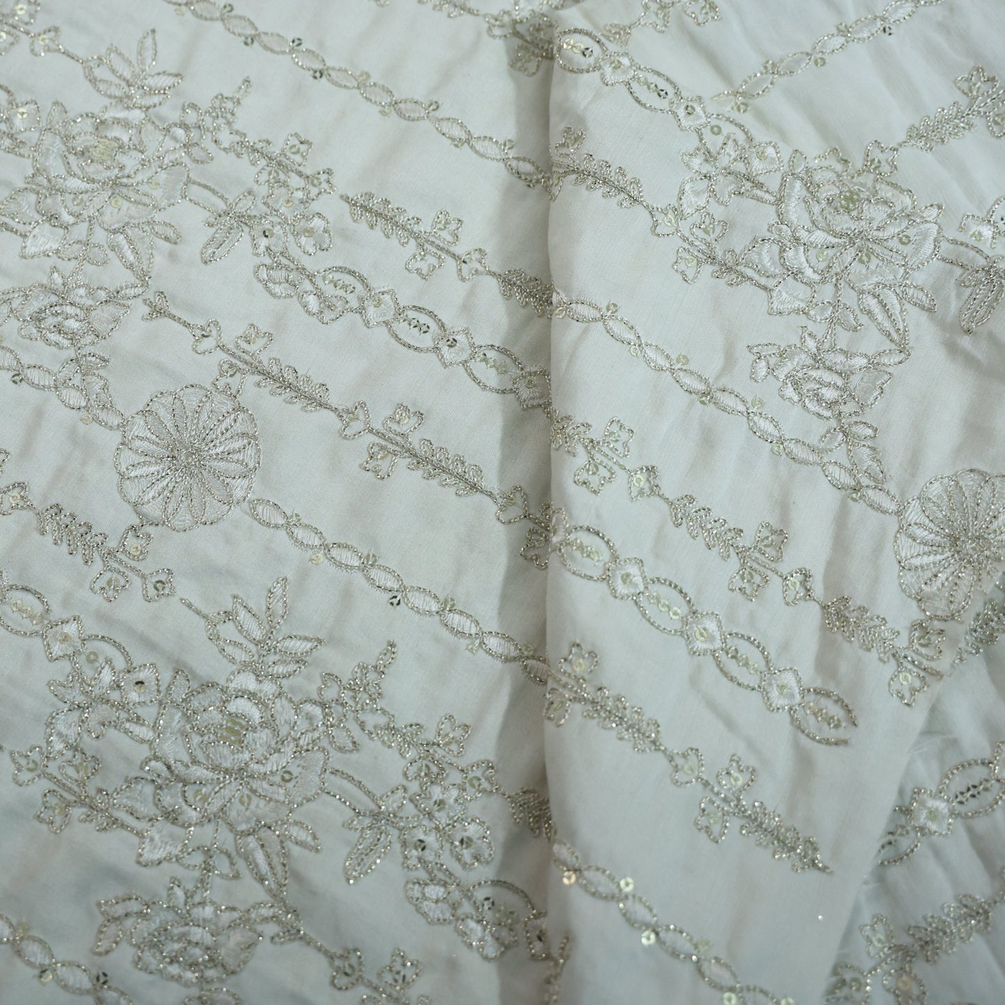 CREAM RAW SILK WITH GOLDEN EBROIDERY ETHNIC FABRIC