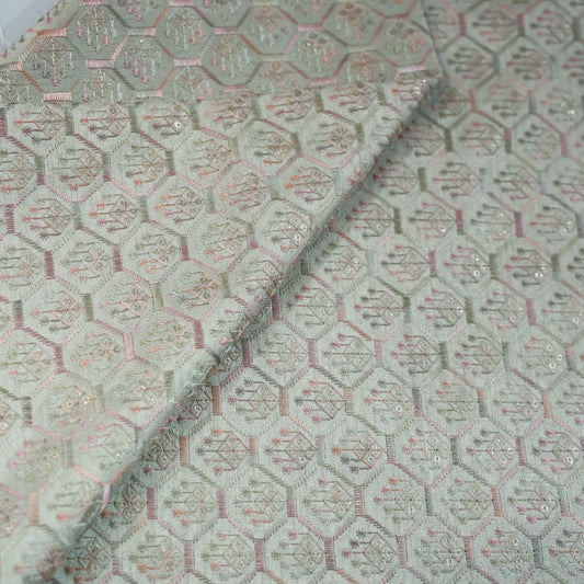 BEIGE RAW SILK WITH MULTI COLOUR EMBROIDERY FABRIC