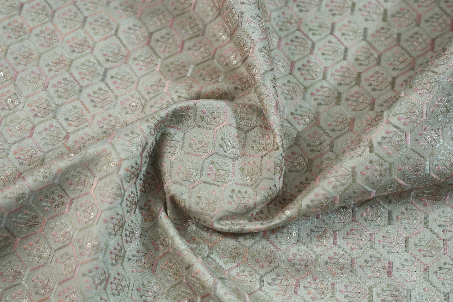 BEIGE RAW SILK WITH MULTI COLOUR EMBROIDERY FABRIC