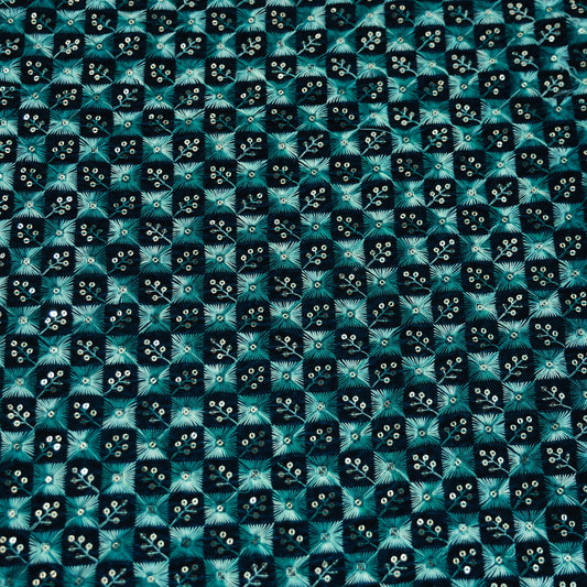 TEAL BLUE VELVET EMBROIDERY ETHNIC FABRIC