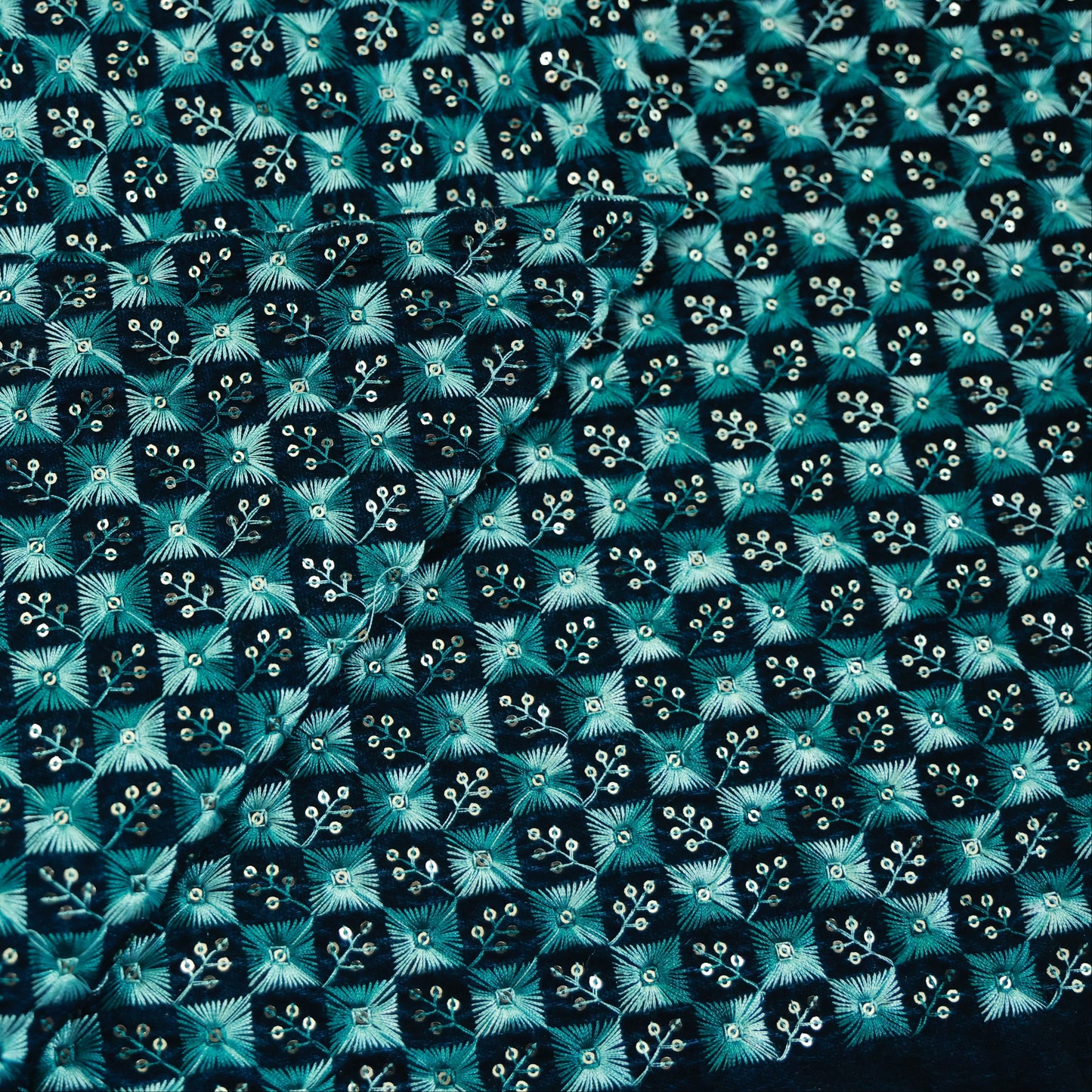 TEAL BLUE VELVET EMBROIDERY ETHNIC FABRIC