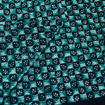 TEAL BLUE VELVET EMBROIDERY ETHNIC FABRIC