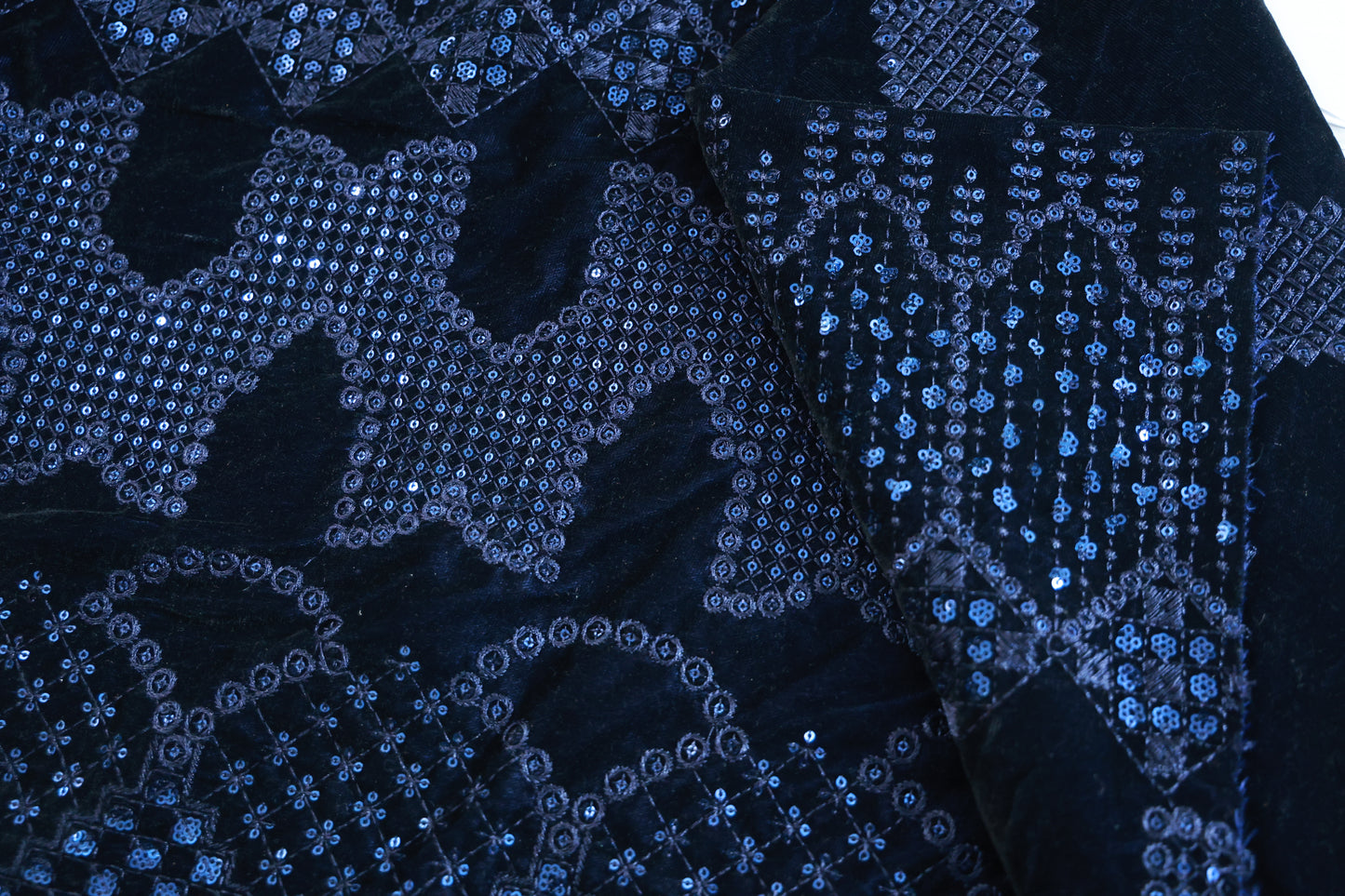 NAVY BLUE EMBROIDERED VELVET  ETHINC FABRIC
