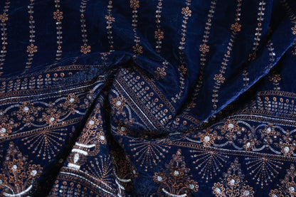 BLUE VELVET EMBROIDERED ETHNIC WEAR FABRIC WITH BORDER